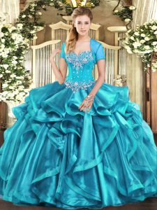 Custom Fit Floor Length Ball Gowns Sleeveless Aqua Blue 15 Quinceanera Dress Lace Up