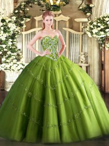 Beading and Appliques Quinceanera Dresses Olive Green Lace Up Sleeveless Floor Length