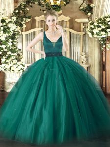 Teal Ball Gowns Straps Sleeveless Tulle Floor Length Zipper Beading 15 Quinceanera Dress