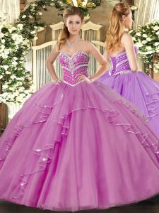 High Quality Sweetheart Sleeveless Tulle Sweet 16 Dresses Beading and Ruffles Lace Up