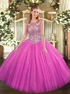 Fancy Floor Length Fuchsia Quinceanera Gowns Scoop Sleeveless Lace Up