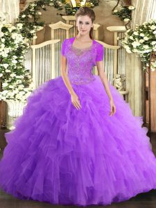 Stylish Scoop Sleeveless 15 Quinceanera Dress Floor Length Beading and Ruffled Layers Lavender Tulle
