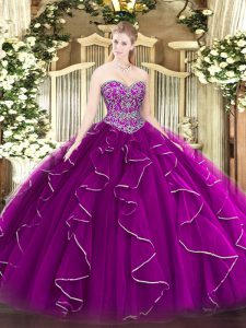 Fuchsia Lace Up Sweet 16 Dresses Beading and Ruffles Sleeveless Floor Length