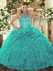 Turquoise Halter Top Neckline Beading and Embroidery and Ruffles 15th Birthday Dress Sleeveless Lace Up