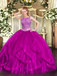 Fuchsia Sleeveless Organza Zipper Sweet 16 Quinceanera Dress for Military Ball and Sweet 16 and Quinceanera