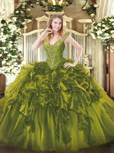 V-neck Sleeveless Quinceanera Gowns Floor Length Beading and Ruffles Olive Green Organza