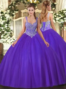 Fitting Sleeveless Floor Length Beading Lace Up Quince Ball Gowns with Purple