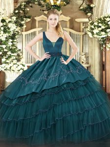 Captivating Straps Sleeveless Zipper Quinceanera Dresses Teal Organza and Taffeta