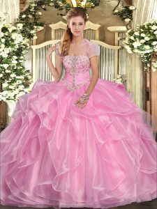 Smart Rose Pink Sleeveless Appliques and Ruffles Floor Length Sweet 16 Dress