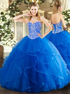 Customized Blue Ball Gowns Tulle Sweetheart Sleeveless Beading and Ruffles Floor Length Lace Up Sweet 16 Dress