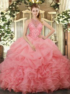 Fitting Floor Length Ball Gowns Sleeveless Watermelon Red 15th Birthday Dress Lace Up