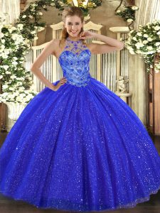 Free and Easy Halter Top Sleeveless Tulle and Sequined 15 Quinceanera Dress Beading and Embroidery Lace Up