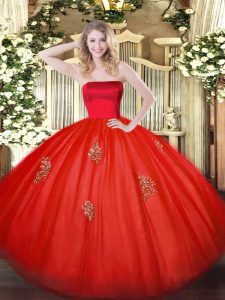 Trendy Red Zipper Strapless Appliques 15th Birthday Dress Tulle Sleeveless