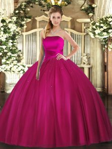 Cute Sleeveless Tulle Floor Length Lace Up Ball Gown Prom Dress in Fuchsia with Ruching