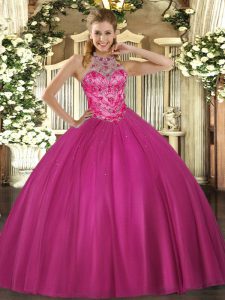 Dramatic Hot Pink 15th Birthday Dress Military Ball and Sweet 16 and Quinceanera with Beading Halter Top Sleeveless Lace Up