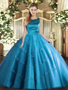 Nice Aqua Blue Tulle Lace Up Vestidos de Quinceanera Sleeveless Floor Length Appliques