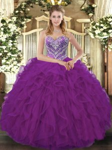 Hot Sale Fuchsia Tulle Lace Up Sweetheart Sleeveless Floor Length Quinceanera Dress Beading and Ruffled Layers