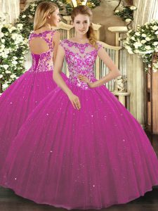 Fuchsia Ball Gowns Scoop Cap Sleeves Tulle Floor Length Lace Up Beading and Appliques Quinceanera Dress