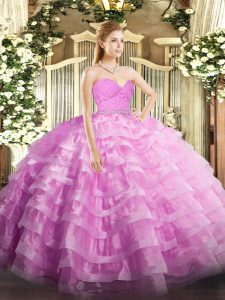 Floor Length Zipper Sweet 16 Dresses Rose Pink for Military Ball and Sweet 16 and Quinceanera with Beading and Lace and Ruffled Layers