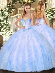 Light Blue Lace Up Sweetheart Beading and Ruffles Sweet 16 Quinceanera Dress Organza Sleeveless