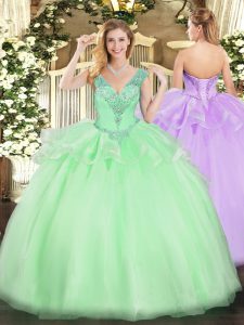 Pretty Apple Green Ball Gowns Beading Sweet 16 Quinceanera Dress Lace Up Tulle Sleeveless Floor Length