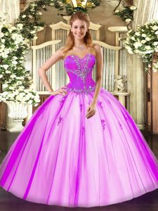 Flare Fuchsia Tulle Lace Up Sweetheart Sleeveless Vestidos de Quinceanera Beading