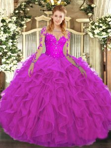 Fuchsia Tulle Lace Up Scoop Long Sleeves Floor Length Sweet 16 Dress Lace and Ruffles