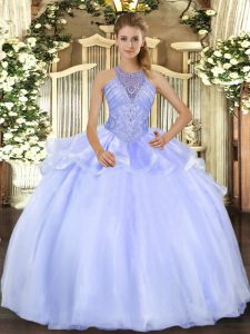 Blue Sleeveless Floor Length Beading Lace Up Sweet 16 Dresses