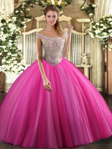 Wonderful Hot Pink Ball Gowns Off The Shoulder Sleeveless Tulle Floor Length Lace Up Beading 15th Birthday Dress