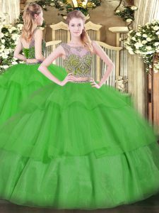 Green Two Pieces Beading and Ruffled Layers 15th Birthday Dress Lace Up Tulle Sleeveless Floor Length