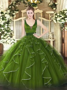 Olive Green Sleeveless Beading and Ruffles Floor Length 15 Quinceanera Dress