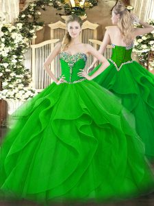 Most Popular Green Tulle Lace Up Vestidos de Quinceanera Sleeveless Floor Length Beading and Ruffles