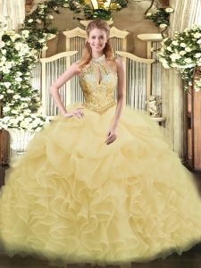 Customized Champagne Quinceanera Gown Military Ball and Sweet 16 and Quinceanera with Beading and Ruffles Halter Top Sleeveless Lace Up