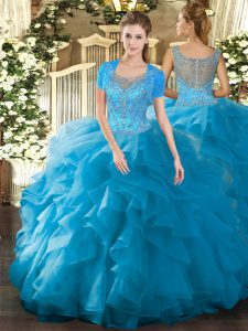 Nice Scoop Sleeveless Quinceanera Gown Floor Length Beading and Ruffled Layers Teal Tulle