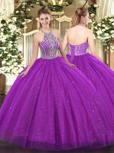 Chic Sleeveless Tulle Floor Length Lace Up Quinceanera Gown in Fuchsia with Beading