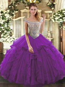 Off The Shoulder Sleeveless Tulle Sweet 16 Dresses Beading and Ruffles Lace Up