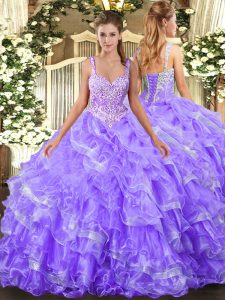 Captivating Straps Sleeveless Organza 15 Quinceanera Dress Beading and Ruffled Layers Lace Up