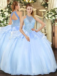 Admirable Organza Halter Top Sleeveless Lace Up Beading Quinceanera Dresses in Light Blue