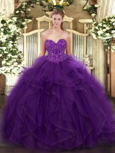 Customized Purple Organza Lace Up Quince Ball Gowns Sleeveless Floor Length Ruffles