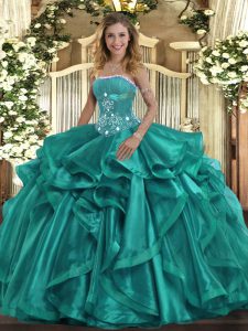 Fine Sleeveless Lace Up Floor Length Beading and Ruffles Quince Ball Gowns