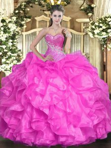 Floor Length Lace Up 15th Birthday Dress Fuchsia for Military Ball and Sweet 16 and Quinceanera with Beading and Ruffles