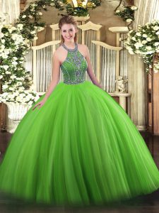 Fashionable Tulle Halter Top Sleeveless Lace Up Beading Quinceanera Dress in Green