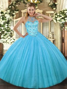 Aqua Blue Lace Up Halter Top Beading and Embroidery 15th Birthday Dress Tulle Sleeveless