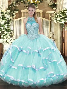 Halter Top Sleeveless 15 Quinceanera Dress Floor Length Beading and Ruffled Layers Apple Green Organza