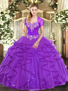 Unique Purple Vestidos de Quinceanera Military Ball and Sweet 16 and Quinceanera with Beading and Ruffles Sweetheart Sleeveless Lace Up