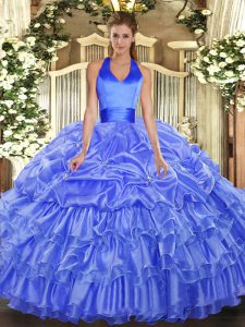 Luxury Blue Ball Gowns Ruffled Layers and Pick Ups Sweet 16 Dress Lace Up Organza Sleeveless Floor Length