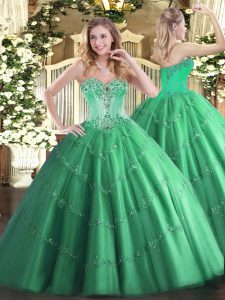 Sweetheart Sleeveless Sweet 16 Dresses Floor Length Beading and Appliques Turquoise Tulle