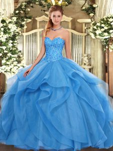 Nice Baby Blue Tulle Lace Up Sweetheart Sleeveless Floor Length Quinceanera Dresses Beading and Ruffles