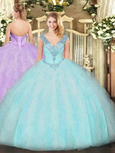 Glittering Floor Length Aqua Blue Sweet 16 Quinceanera Dress V-neck Sleeveless Lace Up