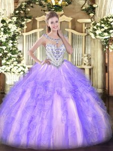 Beautiful Lavender Ball Gowns Tulle Scoop Sleeveless Beading and Ruffles Floor Length Zipper Sweet 16 Quinceanera Dress